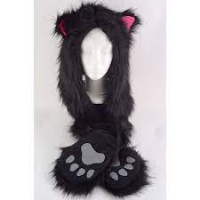Kitty Pink Ears Animal Faux Fur Hood With Paws And Mittens Ski Winter Snow Hat Faux Fur Hood Snow Hat Cat Hat