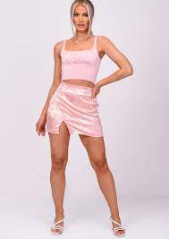 Floral Print Front Split A Line Satin Mini Skirt Pink Lily Lulu