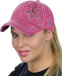 C.C Feminino Ponycap Bagunçado Coque Alto Rabo De Cavalo Ajustável Glitter  Estrela Chapéu Boné De Beisebol Afligido, Um Tamanho Bege