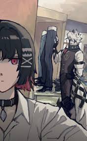 Rule 34 Dev - 1boy 1girl :| animal_ears arm_behind_back black_choker  black_gloves black_hair black_pants black_shoes black_vest blank_stare  choker closed_mouth colored_inner_hair ellen_joe ellen_joe_(on_campus)  fingerless_gloves furry furry_male gloves ...