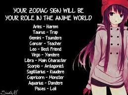 Which Is Your Role In Anime World Mine Is Yandere Anime Zodiac Anime Horoscope Zodiac Signs Funny