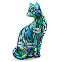 903928001 Louis Comfort Tiffany Style Cat Figurine With Gem Accent Dragonfly Stained Glass Stained Glass Art Glass Animals