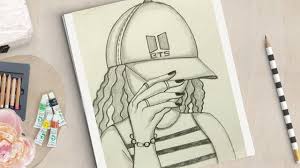How To Draw A Girl With Cap Very Easy Drawing Of A Girl With Bts Cap Easy Drawings Cap Drawing Girl Drawing