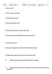 Join a game log in. Dr Seuss The Lorax Part 1 Questions Esl Worksheet By Fickle