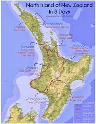 Eight 8 Day North Island Of New Zealand Route Map And Itinerary Map Of New Zealand Trip Route Map