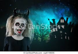 Halloween, holidays, masquerade concept - the portrait of young little girl  with skull makeup and horns. halloween, face-art | CanStock