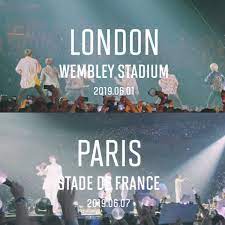 The first show was held on may 4, 2019 at rose bowl in pasadena, california, united states. Bts Europe Army á´®á´± Butter Out Now Rest On Twitter Bts Twt World Tour Love Yourself Speak Yourself In Europe London Wembley Stadium 01 06 2019 Capacity 90k Paris Stade De France