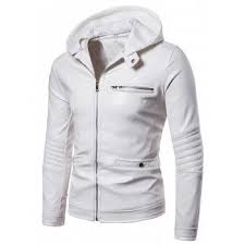 Pu Leather Zip Embellished Hooded Jacket Fashion Mens Men White Hooded Bomber Jacket Jacket Outfits Leather Jacket Men