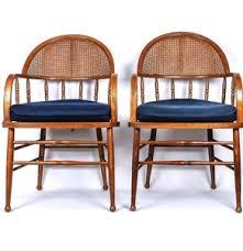 Ideal for a conservatory or the garden in the summer! Lot Art Pair Of Vintage Wooden Armchairs With Wicker Back And Navy Blue Seat Cushions
