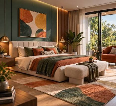 Rich colours, layered textures and warm lighting come together to create a bedroom that feels bold, cozy and full of personality. 🧡🌿 Would you bring this colour combination into your bedroom? #BedroomDesign #