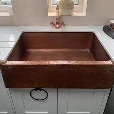 Copper farmhouse sink installation considerations. Single Bowl Copper Kitchen Sink Front Apron Hammered Antique Finish Coppersmith Creations