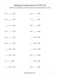 Adding Complements Of 100 A Addition Worksheet Addition Worksheets Math Worksheet Free Math