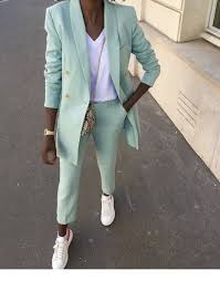 Light Blue Suit And White Sneakers Inspiring Ladies Suits And Sneakers Elegant Pants Suits Woman Suit Fashion