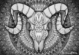 Freehand sketch for adult anti stress coloring page and book with artistically doodle. Ram Skull Mandala Ram Skull Skull Art Ram Tattoo