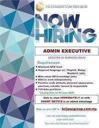Candidate must posses at least diploma in business administration, accounting or.position summary statement: Orang Wangsa Maju Salam Admin Tolong Post Iklan Jawatan Admin Executive Vacancy Positions For Immediate Admission Admin Executive Min Spm Level Full Time Position Required Language Bahasa English
