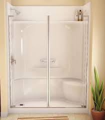 Fiberglass Shower Unit With Framed Tempered Glass Panels And Intregral Seat And Soap Le Fiberglass Shower Enclosures Fiberglass Shower Fiberglass Shower Stalls