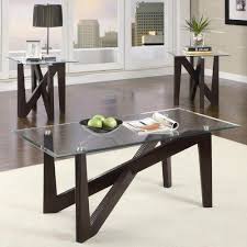 Each piece is made with a tubular steel frame in a black hue, and features crossbar stretchers for a striking and architectural look. 3pc Coffee Table And End Tables Set With Glass Top In Cappuccino Finish By Coaster Home Furnishings Round Glass Coffee Table Home Kitchens Coffee Table Setting
