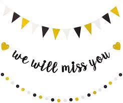 Grace party decor we will miss you gold gliter paper banner farewell graduation goodbye bye felicia going away decorations. 3 Pieces We Will Miss You Banner Black White Sparkle Gold Dot Garland And Triangle Flag Banner For Retirement Graduation Leaving Party Amazon De Spielzeug