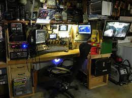 Dual monitor, standing desk setup | spacebound.setups. Command Center Workshop Game Room Design Gaming Room Setup Workshop