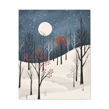 Winter Moonlit Berries Canvas Gallery Wrap, Stylized Full Moon ...