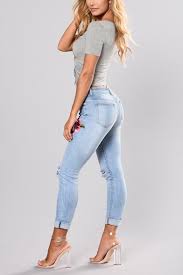 Womens Fashion High Waist Floral Embroidery Print Busted Knees Ankle Cuff Light Wash Skinny Jeans Beautifulhalo Com