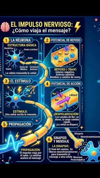 ⚡ ¿Cómo viaja un pensamiento? , Todo ocurre gracias al impulso  nervioso, una señal eléctrica y química que recorre tus neuronas en  milisegundos.,  Reposo: la neurona está “en calma” (-70 mV),  ...