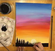How to paint a super colorful and bright sunset with a reflection! Sunset Painting Learn To Paint An Easy Sunset With Acrylics Balloon Painting Poster Color Painting Sunset Canvas Painting