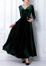 Dark Green Plain V Neck Long Sleeve High Waisted Elegant Vintage Maxi Dress Velvet Dress Long Long Sleeve Velvet Dress Maxi Dress Cocktail