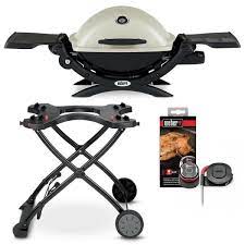 Liquid propane cylinder (sold separately)grill dimensions (lid open, tables out): Weber Q 1200 1 Burner Portable Propane Gas Grill Combo In Titanium With Rolling Cart And Igrill Mini 18110 The Home Depot