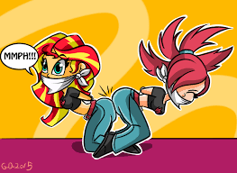 2857028 - safe, artist:gaggeddude32, sunset shimmer, human, equestria  girls, arm behind back, bondage, bound and gagged, butt bump, butt to butt,  cloth gag, crossover, eyes closed, flannery, gag, help us, midriff, muffled