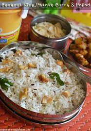 Coconut Rice And Potato Curry Kids Lunch Box Recipes Idea 15 Sharmis Passions Indian Rice Recipes Indian Food Recipes Vegetarian Lunch Box Recipes