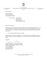 April 23, 2024 JoAnne Squires 3204 N Shoreview Fort Gratiot, MI 48059 RE:  License #: AF740257524 Squires AFC 3204 Shoreview For