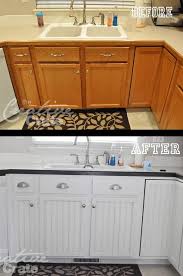 Add Bead Board To Flat Panel Cabinets And Paint She S Got An Amazing Bathroom Redo Too Flat Panel Cabinets Home Kitchens Kitchen Remodel