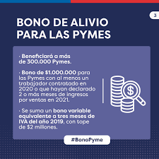 Jun 24, 2021 · cada vez falta menos para que inicie el proceso de solicitud del bono alivio para pymes, el beneficio recientemente aprobado por el poder legislativo que busca ir en auxilio de los giros comerciales más golpeado a propósito de la pandemia del coronavirus y que sus dueños sean pequeños y medianos empresarios. Facebook