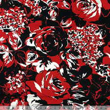 This fabric originates from one of the channel islands where it was originally used for jersey knit fabric is stretchy, comfortable and light and is a popular fabric for a huge array of apparel. Red Black Abstract Floral Cotton Jersey Spandex Blend Knit Fabric By