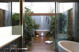 Modern outdoor bathroom design with bathtub and stone floor. 58 Outdoors Bathrooms Ideas Outdoor Bathrooms Outdoor Bathroom Design Outdoor