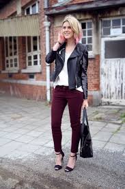 Leather Jacket And Dip Dyed Hair Fashionata Leather Jacket Outfits Burgundy Pants Outfit Burgundy Pants