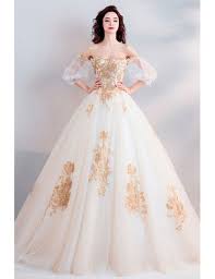 Make your dream come true in these modern princess wedding dresses from white one! Classic Gold With White Ball Gown Princess Wedding Dress Off Shoulder Wholesale T69025 Gemgrace Com