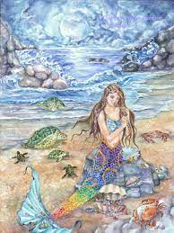 See more ideas about mermaid beach, beach crafts, shell crafts. Moon Mermaid Art Salemermaid With Rainbow Colored Tail Etsy Mermaid Art Art Beautiful Mermaids