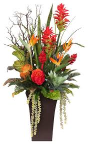 Check spelling or type a new query. Luscious Tropical Silk Flowers And Greens In Brown Metal Pot Tropical Artificial Flower Arrangements By Jenny Silks Houzz