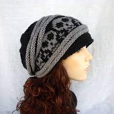 Unisex Slouch Hat With Skulls Newsboy Style In Black And Gray Etsy Knitted Slouch Hat Slouch Hat Skull Fashion