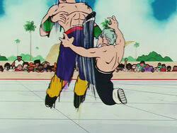 An anime for all sorts of ages, gentle and violent at the same time. Tien Shinhan Vs Jackie Chun Dragon Ball Wiki Fandom