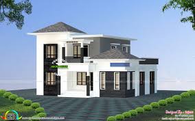 A brick house with a porch filled with white rocking chairs and a small side table along with a light wood front door that stands out against the gray walls. Low Budget Villa All Side View Kerala Home Design And Floor Plans 8000 Houses