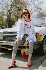 The Best Spring Basics Gingham Trousers Graphic T Shirts Couturezilla Checked Trousers Cute Spring Outfits Wearing Red