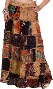 Exotic India Long Printed Dori Skirt from Gujarat with Patch Work
