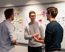 Image of team discussing a whiteboard filled with notes