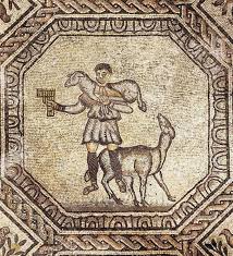 Cleopatra con el áspid, en un campo de trigo y amapolas. Paleocristiano Buen Pastor