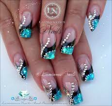 Acrylic Black And Teal Nails Teal And Black With Rhinestones Luminous Nails Silver Nail Designs Nail Designs