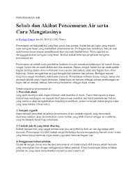 Nah itulah referensi mengenai pencemaran udara, dari mulai definisi pencemaran udara, penyebab pencemaran udara, dampak pencemaran udara, zat polutan udara serta cara mengatasi pencemaran udara, dibahas dengan. Doc Sebab Dan Akibat Pencemaran Air Serta Cara Mengatasinya Firmansyah Lapulga Academia Edu
