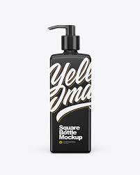 Download Glossy Square Bottle With Pump In Bottle Mockups On Yellow Images Object Mockups